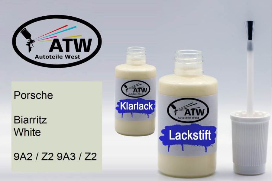 Porsche, Biarritz White, 9A2 / Z2 9A3 / Z2: 20ml Lackstift + 20ml Klarlack - Set, von ATW Autoteile West.